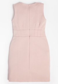 Hihaton vaaleanpunainen mekko, jossa on istuva vyötärö, pystysaumat ja piilotettu takavetoketju. Sujuva pinta ja jäsennelty muotoilu.