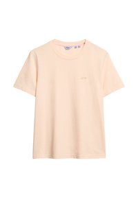 T-shirt en coton pêche clair à manches courtes, col rond, avec un petit logo brodé sur la poitrine gauche. Texture lisse, design décontracté.