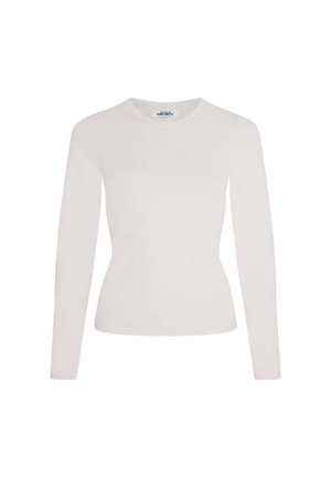 Lange mouwen, lichtroze shirt gemaakt van gladde stof, met een ronde hals en een getailleerde silhoët zonder zichtbare patronen of accenten.