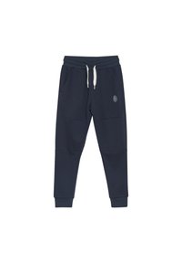 Mörkblå sweatpants i mjukt tyg, med dragsko i midjan, elastiska muddar och två sidfickor. Litet logo framtill.