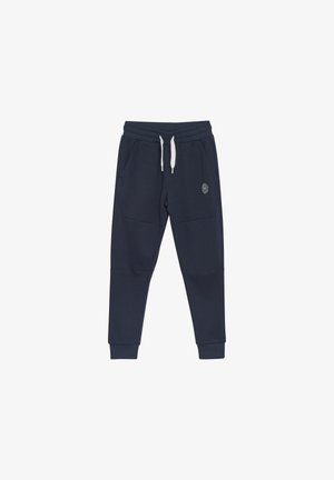 Navy blue sweatpants made of soft fabric, featuring a drawstring waistband, elastic cuffs, and two side pockets. Small logo on front.