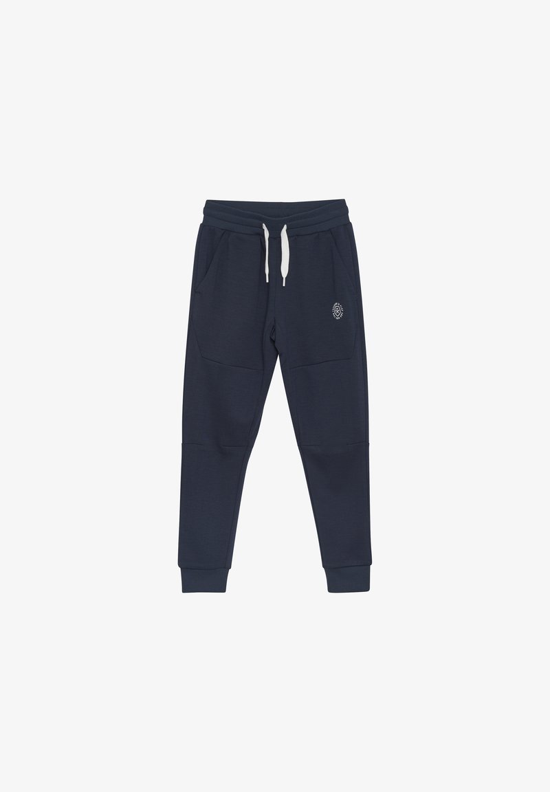 Dunkelblaue Sweatpants aus weichem Material, mit einem Kordelzugbund, elastischen Bündchen und zwei Seitentaschen. Kleines Logo auf der Vorderseite.