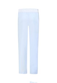 Helle blaue, gerade geschnittene Hosen aus weichem Stoff mit elastischem Bund und ohne sichtbare Muster oder Akzente, von hinten dargestellt.