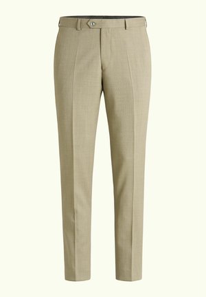 Light beige tailored trousers made from woven fabric, featuring front pleats, a button closure, and a straight-leg design.
