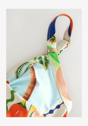 Buntes Bikini-Oberteil mit tropischem Druck, der Palmen und Früchte zeigt. Inklusive verstellbarer Träger und einer goldenen Hardware-Akzent.