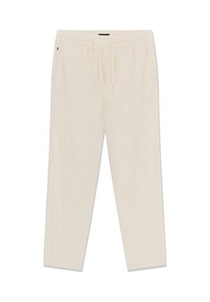 Beige casual pants with elastic waistband and drawstring, featuring side pockets and a relaxed straight-leg fit.