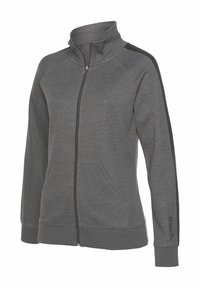 Grauer Reißverschluss-Sweatshirt mit hohem Kragen, schwarzen Seitenpanelen, zwei Fronttaschen und gerippten Bündchen. Mit "Bench."-Logo am Ärmel.