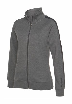 Grauer Reißverschluss-Sweatshirt mit hohem Kragen, schwarzen Seitenpanelen, zwei Fronttaschen und gerippten Bündchen. Mit "Bench."-Logo am Ärmel.