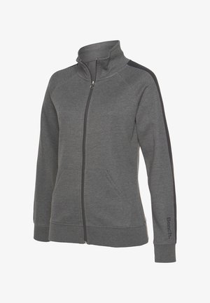Grauer Reißverschluss-Sweatshirt mit hohem Kragen, schwarzen Seitenpanelen, zwei Fronttaschen und gerippten Bündchen. Mit "Bench."-Logo am Ärmel.