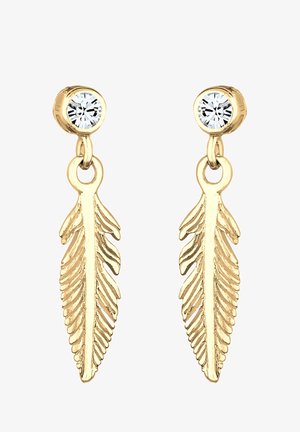 Goldfarbene Ohrringe mit einem Blattdesign und detaillierten Gravuren. Jedes Ohrstück hat einen klaren Kristallakzent oben.