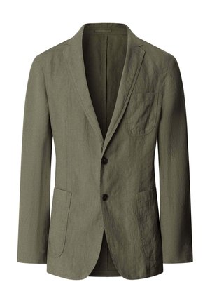 Olivengrøn ensrettet blazer med hakkede revers, to knapper, brystlomme og to forlommer i lomme-stil, lavet af tekstureret stof.