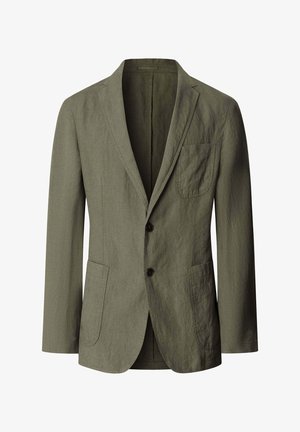 Jednorzędowa oliwkowozielona marynarka z klapami z wycięciem, dwoma guzikami, kieszenią na piersi oraz dwoma naszywanymi kieszeniami z przodu, wykonana z teksturowanej tkaniny.
