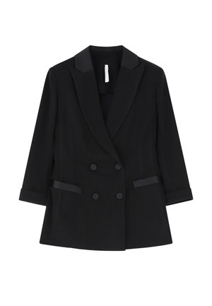 Blazer doppiopetto nero con rever in satin, forma strutturata e due tasche frontali; presenta dettagli con bottoni e maniche arrotolate.