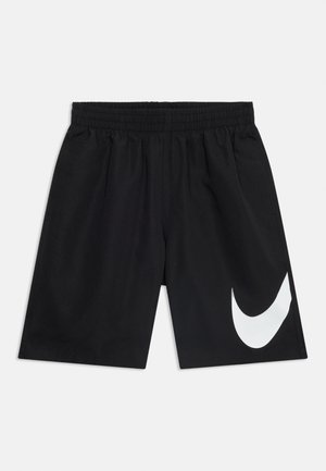 Pantaloncini sportivi neri con vita elastica e grande logo bianco Nike swoosh sulla gamba destra.