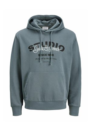 Hoodie i dämpad teal med en kenguruficka. Har en stor framsidesgrafik i svart och vit text. Mjuk, medelvikts tyg.