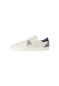 White sneaker with gray skull and crossbones logo, smooth leather upper, perforated sides, and a blue suede heel accent. Flat white sole.
