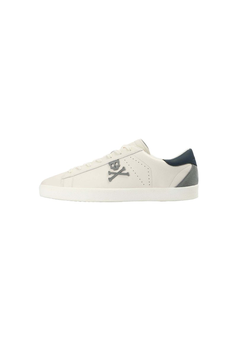 White sneaker with gray skull and crossbones logo, smooth leather upper, perforated sides, and a blue suede heel accent. Flat white sole.