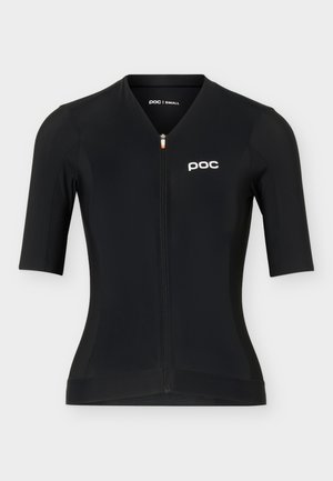 Camiseta de ciclismo negra de manga corta con cremallera frontal y logo blanco "poc" en el pecho izquierdo, talla pequeña.