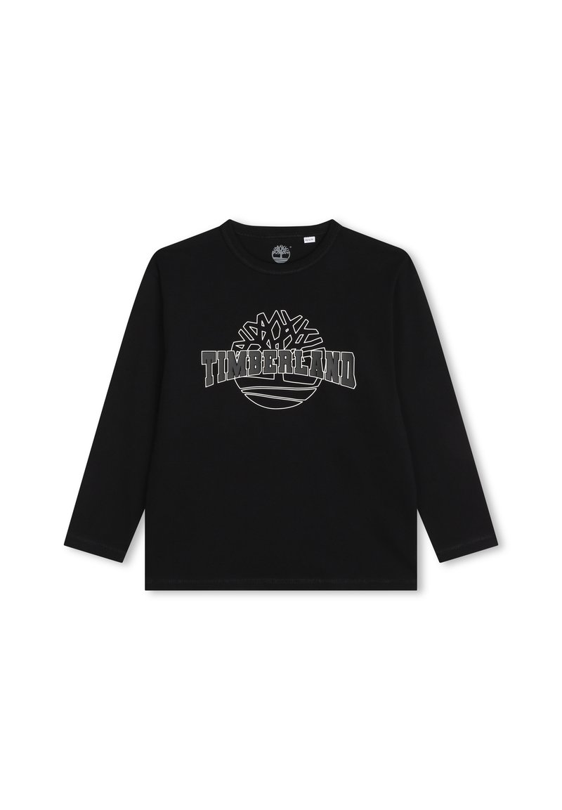 Maglietta a maniche lunghe nera in cotone, con una stampa grafica che presenta "Timberland" e un logo ad albero in bianco e grigio. Design a girocollo.
