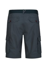 Grå cargo shorts med flad front, elastisk talje, flere sidelommer og knapdetaljer på baglommerne. Blød stoftekstur.