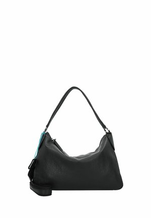 Borsa a spalla in pelle nera con una finitura testurizzata, un manico arrotondato singolo e una tracolla staccabile, dotata di chiusura con zip e un accento turchese.