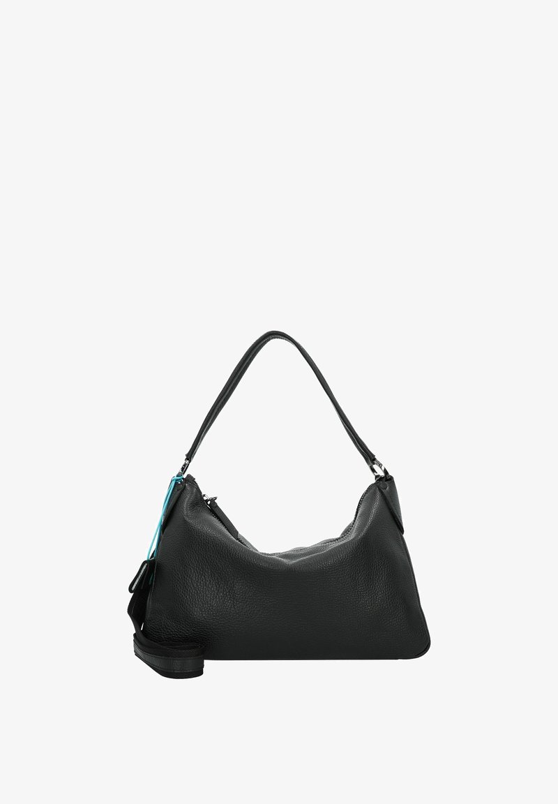 Borsa a spalla in pelle nera con una finitura testurizzata, un manico arrotondato singolo e una tracolla staccabile, dotata di chiusura con zip e un accento turchese.