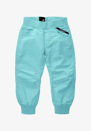 Light blue cotton pants with a ribbed waistband, elastic cuffs, and front pockets. Features stitched accents and a black logo tag.