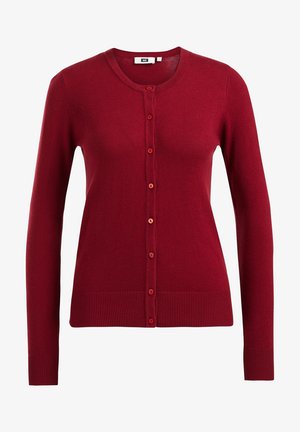 Roter gestrickter Cardigan mit langen Ärmeln, Knopfleiste, gerippten Bündchen und Saum. Hergestellt aus weichem Material, mit passenden roten Knöpfen.