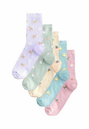 Five pairs of knee-length socks in pastel colors: lavender, mint green, pale yellow, light blue, and pink, with various animal patterns.