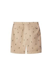 Tan shorts made of cotton with a lightweight texture, featuring small green palm tree embroidery and two rear pockets with button closures.