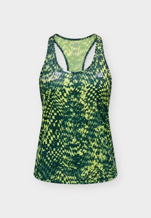 Maiou sportiv fără mâneci pentru femei, cu model abstract în carouri verde și galben și design racerback.