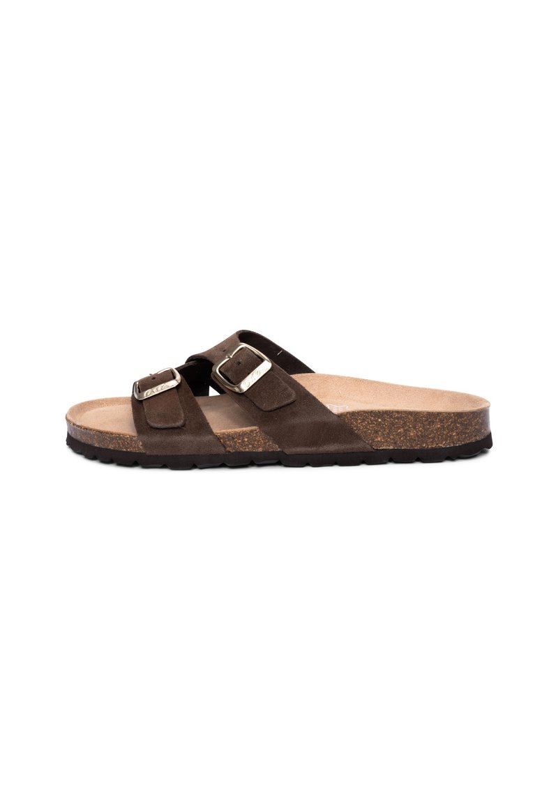 Brown suede slide sandals with two adjustable straps and silver buckles. Cork footbed, textured rubber sole, and flat design.