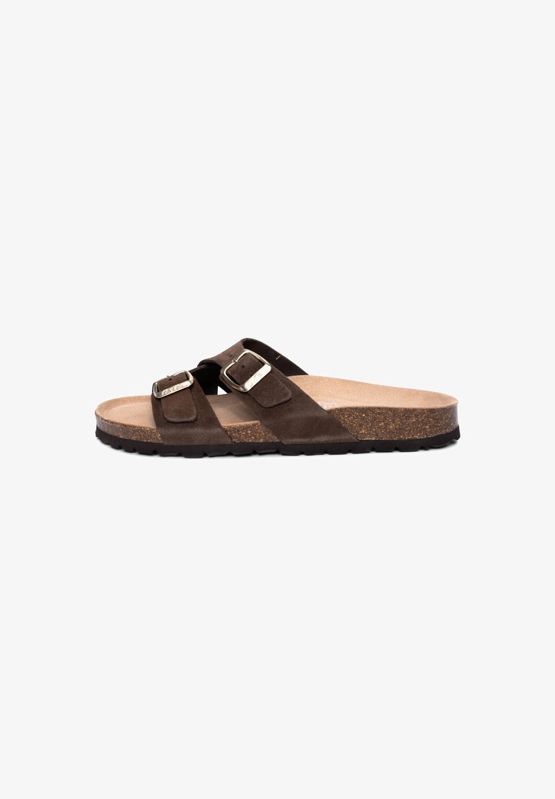 Brown suede slide sandals with two adjustable straps and silver buckles. Cork footbed, textured rubber sole, and flat design.