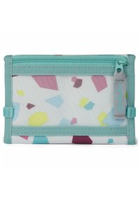 Zippered wallet in lightweight mesh featuring a white background with colorful geometric patterns in pink, yellow, blue, and purple accents.