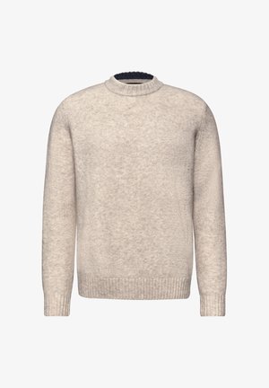 Vaaleanbeige villaneule, jossa on pyöreä kaula-aukko ja ribbauskudokset. Kankaassa on tekstuuria ja tummansininen kontrastiväri sisäkauluksessa.