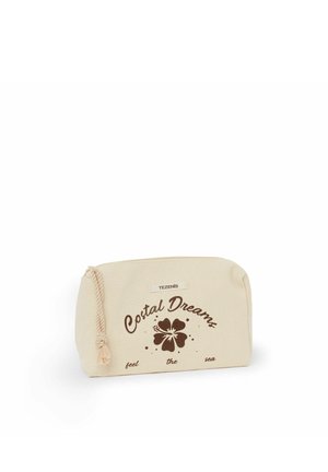 Beige stoffen etui met koordrits, bruine hibiscusbloem en tekst "Costal Dreams feel the sea" aan de voorkant.