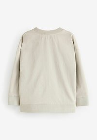 Felpa grigia chiara con scollo e polsini a costine, dal fit rilassato e texture morbida. Cuciture visibili lungo le giunzioni.