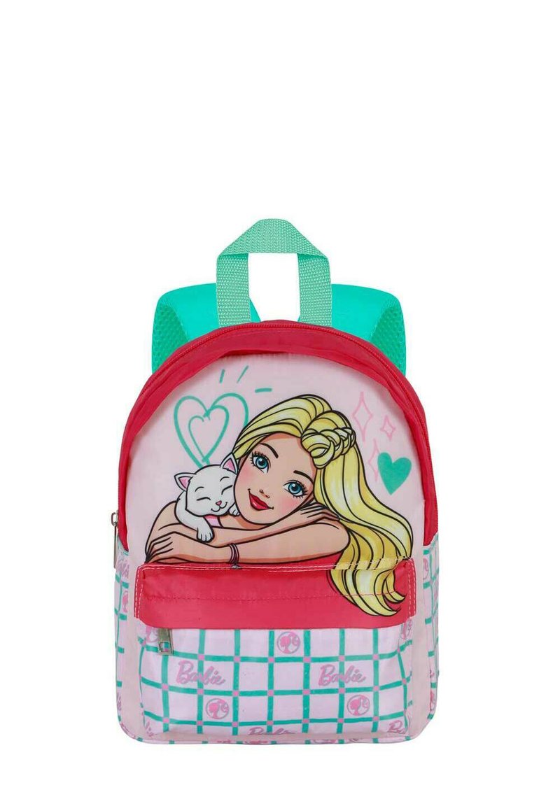 Mochila infantil rosa con acentos en turquesa, que presenta un diseño de una niña rubia con un gato blanco. Patrón de cuadrícula en la parte inferior, bolsillo con cremallera.