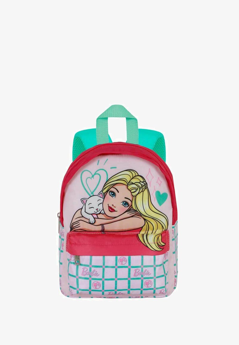 Mochila infantil rosa con acentos en turquesa, que presenta un diseño de una niña rubia con un gato blanco. Patrón de cuadrícula en la parte inferior, bolsillo con cremallera.