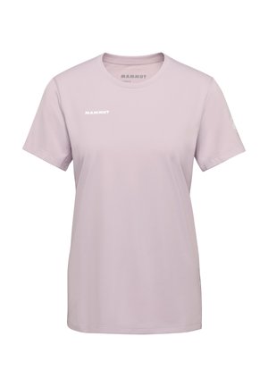 Jasnofioletowy T-shirt z krótkim rękawem i okrągłym dekoltem, z logo "Mammut" na piersi i rękawie, wykonany z gładkiej tkaniny.