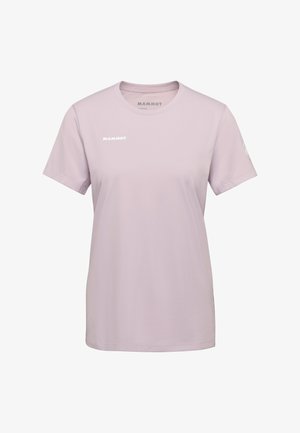 Jasnofioletowy T-shirt z krótkim rękawem i okrągłym dekoltem, z logo "Mammut" na piersi i rękawie, wykonany z gładkiej tkaniny.