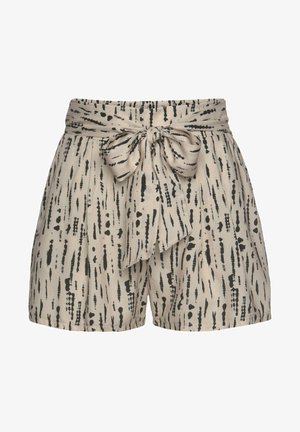 Beige Shorts mit einem Bindegürtel, versehen mit einem schwarzen abstrakten Muster aus Linien und Punkten. Hergestellt aus einem glatten Stoff mit einem entspannten Schnitt.