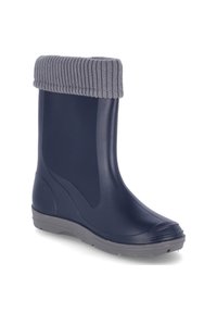 Botte en caoutchouc imperméable bleu marine avec un revers en tricot gris texturé, bout rond et semelle gris clair. Surface lisse avec des accents minimaux.