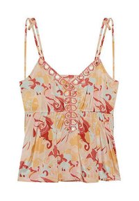Top sin mangas con estampado floral en amarillo pastel, rojo y turquesa. Presenta un escote en V, cintura fruncida y botones decorativos en la parte frontal.