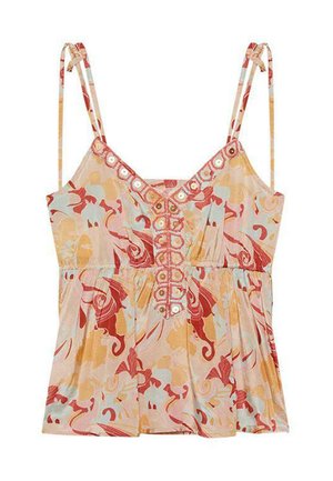 Top sin mangas con estampado floral en amarillo pastel, rojo y turquesa. Presenta un escote en V, cintura fruncida y botones decorativos en la parte frontal.