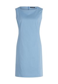 Jasnoniebieska sukienka bez rękawów o kwadratowym dekolcie, z zamkiem błyskawicznym z tyłu i gładką teksturą, z subtelnymi detalami przeszycia po bokach.