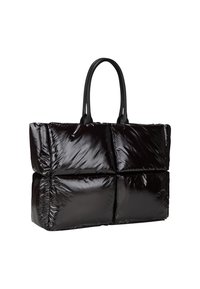 Zwarte, glanzende tote bag met een puffy, gewatteerd ontwerp. Voorzien van twee stevige zwarte handvaten en een ruime, rechthoekige vorm.