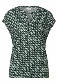 Hedvábná blůza s krátkým rukávem, černobílo-zeleným geometrickým vzorem, kulatým výstřihem a třemi černými knoflíky vpředu.