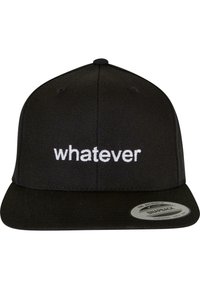 Black snapback cap with a flat brim and white embroidered text "whatever" on the front. Fabric has a textured finish.