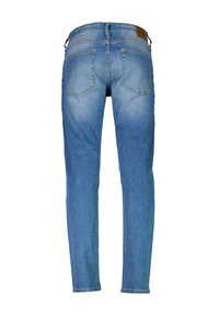 Wyblakłe niebieskie dżinsy z prostymi nogawkami, z dwoma tylnymi kieszeniami i skórzaną naszywką na pasie.